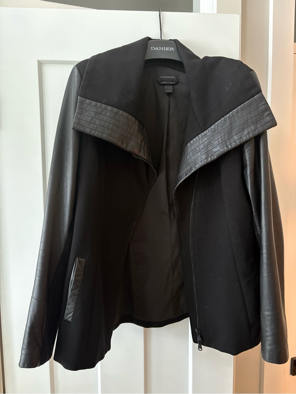 Danier Black Mixed-Texture Leather Jacket with Draped Collar